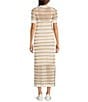 Le' AL.X Stripe Knit Wide Mesh Polo Collar V-Neck Short Sleeve Sheath Maxi Dress, Color:Tan/Ivory - Image 2