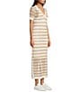 Le' AL.X Stripe Knit Wide Mesh Polo Collar V-Neck Short Sleeve Sheath Maxi Dress, Color:Tan/Ivory - Image 3