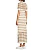 Le' AL.X Stripe Knit Wide Mesh Polo Collar V-Neck Short Sleeve Sheath Maxi Dress, Color:Tan/Ivory - Image 4