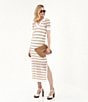 Le' AL.X Stripe Knit Wide Mesh Polo Collar V-Neck Short Sleeve Sheath Maxi Dress, Color:Tan/Ivory - Image 6