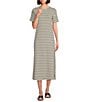 Color:Ivory/Black - Image 1 - Striped Stretch Knit Short Sleeve Round Neck T-Shirt Midi Dress