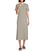 Le' AL.X Stripe Stretch Knit Crew Neck Short Sleeve T-Shirt Midi Dress, Color:Ivory/Black - Image 1
