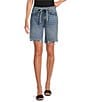 Le' AL.X Washed Woven Denim Mid Rise Tie Waist Distressed Bermuda Jean Shorts, Color:Medium Wash - Image 1