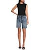 Le' AL.X Washed Woven Denim Mid Rise Tie Waist Distressed Bermuda Jean Shorts, Color:Medium Wash - Image 3