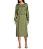 Le' AL.X Woven Boat Neck Long Dolman Blouson Sleeve Keyhole Pleat Sheath Midi Dress, Color:Sage - Image 1