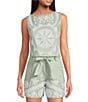 Le' AL.X Woven Linen Floral Embroidered Boat Neck Sleeveless Crop Mod Coordinating Top, Color:Seaglass - Image 1