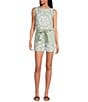 Le' AL.X Woven Linen Floral Embroidered Boat Neck Sleeveless Crop Mod Coordinating Top, Color:Seaglass - Image 3