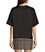 Le' AL.X Woven Satin Contrast Trim Crew Neck Dropped Short Sleeve Side Split Hem Hi-Low Blouse, Color:Black - Image 2