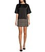 Le' AL.X Woven Satin Contrast Trim Crew Neck Dropped Short Sleeve Side Split Hem Hi-Low Blouse, Color:Black - Image 3