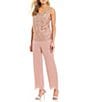 Color:Rose Gold - Image 3 - 3-Piece 3/4 Bell Sleeve Embroidered Metallic Scallop Hem Scoop Neck Duster Pant Set