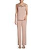 Color:Almond - Image 3 - Round Neck 3/4 Sleeve Embroidered Trim Duster 3-Piece Pant Set