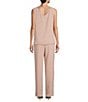 Color:Almond - Image 4 - Round Neck 3/4 Sleeve Embroidered Trim Duster 3-Piece Pant Set