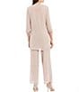 Color:Almond - Image 2 - Round Neck 3/4 Sleeve Embroidered Trim Duster 3-Piece Pant Set