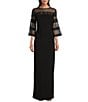 Le Bos 3/4 Illusion Sleeve Crew Neck Embroidered Sheath Dress, Color:Black - Image 1