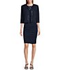 Color:Navy - Image 1 - Round Neck 3/4 Sleeve Embroidered Mesh Trim Textured 2-Piece Jacket Dress