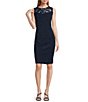 Color:Navy - Image 3 - Round Neck 3/4 Sleeve Embroidered Mesh Trim Textured 2-Piece Jacket Dress