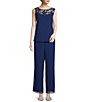 Color:Montana Blue - Image 3 - 3/4 Sleeve Embroidery Trim Pebble Georgette Round Neck 3-Piece Duster Pant Set