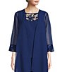 Color:Montana Blue - Image 6 - 3/4 Sleeve Embroidery Trim Pebble Georgette Round Neck 3-Piece Duster Pant Set