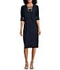 Color:Navy - Image 1 - 3/4 Sleeve Mesh Embroidered Crew Neck 2-Piece Jacket Dress