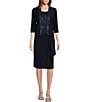 Color:Navy - Image 1 - Round Neck 3/4 Sleeve Embroidered Bodice 2-Piece Jacket Dress