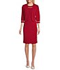 Color:Red - Image 1 - 3/4 Sleeve Round Neck Pearl Trim 2-Piece Jacket Dress