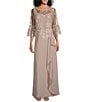 Color:Stone - Image 1 - 3/4 Bell Sleeve Beaded Trim Round Neck Embroidered Lace Popover Cascade A-Line Gown