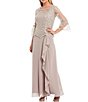 Color:Stone - Image 1 - 3/4 Bell Sleeve Beaded Trim Round Neck Embroidered Lace Popover Cascade A-Line Gown