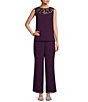 Color:Aubergine - Image 3 - Boat Neck 3/4 Sleeve 3-Piece Embroidered Trim Duster Pant Set