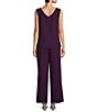 Color:Aubergine - Image 4 - Boat Neck 3/4 Sleeve 3-Piece Embroidered Trim Duster Pant Set