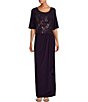 Color:Eggplant - Image 1 - Elbow Sleeve Scoop Neck Sequin Embroidered Bodice Gown