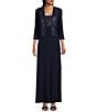 Color:Navy - Image 1 - Embroidered 3/4 Sleeve Square Neck 2-Piece Jacket Dress