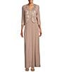 Color:Champagne - Image 1 - Embroidered 3/4 Sleeve Square Neck 2-Piece Jacket Dress