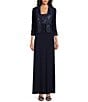 Le Bos Embroidered 3/4 Sleeve Square Neck 2-Piece Jacket Dress, Color:Navy - Image 1
