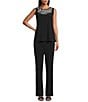 Le Bos Embroidered ITY 3/4 Sleeve 3 Piece Pantsuit, Color:Black/White - Image 3
