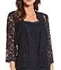 Color:Navy - Image 4 - Embroidered Stretch Floral Lace 3/4 Sleeve Square Neck 2-Piece Jacket Gown