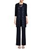 Color:Navy - Image 1 - Embroidered Trim Round Neck 3/4 Sleeve Duster 3-Piece Pant Set