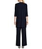 Color:Navy - Image 2 - Embroidered Trim Round Neck 3/4 Sleeve Duster 3-Piece Pant Set