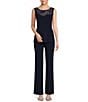 Color:Navy - Image 3 - Embroidered Trim Round Neck 3/4 Sleeve Duster 3-Piece Pant Set
