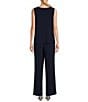 Color:Navy - Image 4 - Embroidered Trim Round Neck 3/4 Sleeve Duster 3-Piece Pant Set