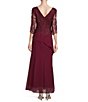 Color:Burgundy - Image 2 - Georgette Embroidered Crew Neck 3/4 Sleeve Asymmetrical Tiered Gown