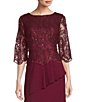Color:Burgundy - Image 3 - Georgette Embroidered Crew Neck 3/4 Sleeve Asymmetrical Tiered Gown