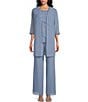 Color:French Blue - Image 1 - Pebble Georgette Satin Trim Tiered Beaded Crew Neck 3/4 Sleeve 3-Piece Pant Set