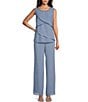 Color:French Blue - Image 3 - Pebble Georgette Satin Trim Tiered Beaded Crew Neck 3/4 Sleeve 3-Piece Pant Set