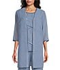 Color:French Blue - Image 5 - Pebble Georgette Satin Trim Tiered Beaded Crew Neck 3/4 Sleeve 3-Piece Pant Set