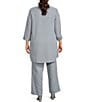 Color:Artic - Image 2 - Plus Size Round Neck 3/4 Sleeve 3-Piece Embroidered Trim Duster Pant Set