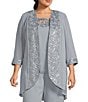 Color:Artic - Image 5 - Plus Size Round Neck 3/4 Sleeve 3-Piece Embroidered Trim Duster Pant Set