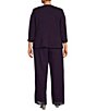 Color:Eggplant - Image 2 - Plus Size 3/4 Sleeve Embroidery Trim Crinkled Knit 3-Piece Pant Set