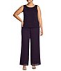 Color:Eggplant - Image 3 - Plus Size 3/4 Sleeve Embroidery Trim Crinkled Knit 3-Piece Pant Set