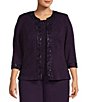 Color:Eggplant - Image 5 - Plus Size 3/4 Sleeve Embroidery Trim Crinkled Knit 3-Piece Pant Set