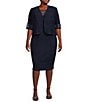 Color:Navy - Image 1 - Plus Size 3/4 Sleeve Mesh Embroidered Crew Neck 2-Piece Jacket Dress